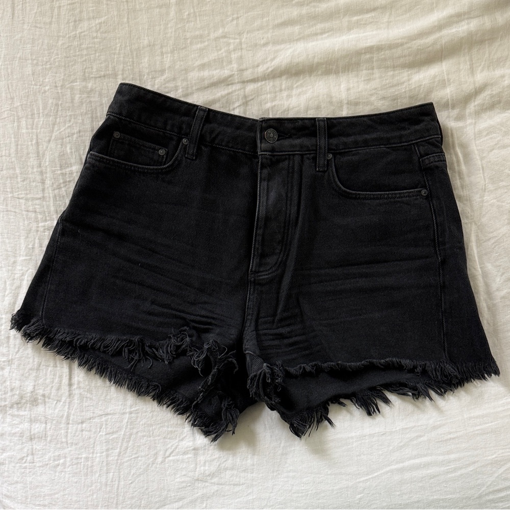 PAIGE Black Frayed Hem Denim Shorts